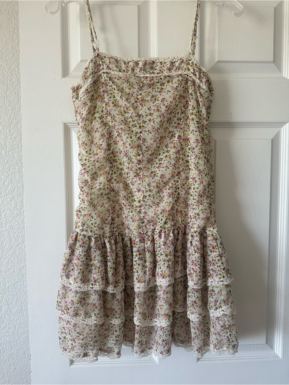 Poof! Cream Floral Smocked Mini Dress with Pink & Green Accents- size M